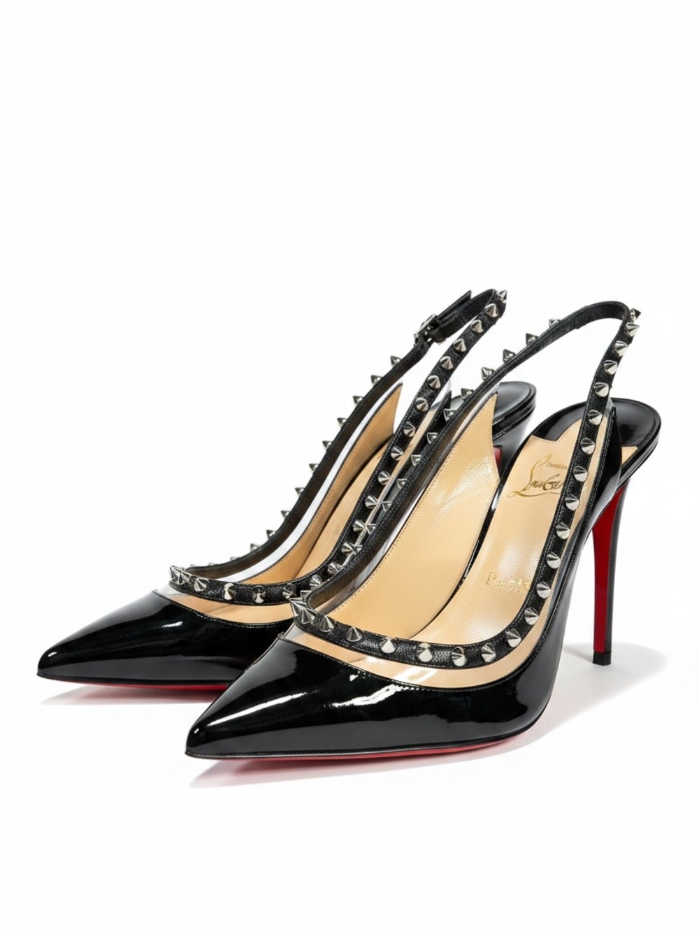 Christian Louboutin Follies Spikes Slingback Pumps Black Patent PVC 40.5 EU COA
